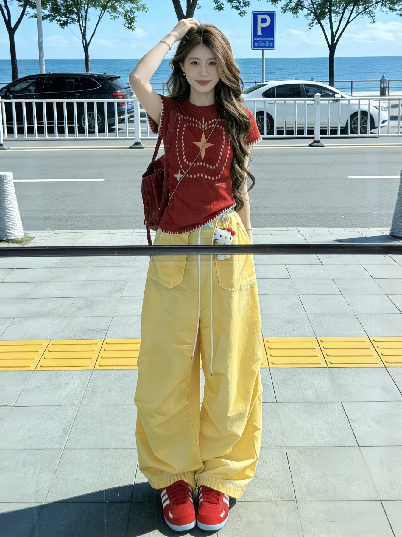 レディース ブラウス シャツ トップス 半袖 無地 ワイド スリム コットン 綿 春夏 カジュアル アメリカン レトロ 前開き 春 夏 シンプル パンツ ロング ワイドパンツ 切り替えデザイン イエロー レッド 星柄 セットアップ ストレッチ Tシャツ