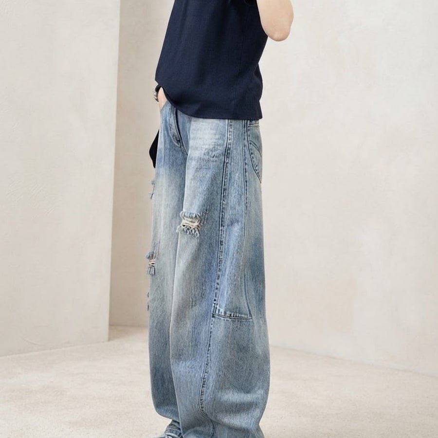 レディース パンツ ゆったり ワイド コットン 綿 デニム 夏 秋冬 カジュアル 大きいサイズ 秋 冬 スリム ロング ストレート ロングパンツ デニムパンツ ハイウエスト ダメージ