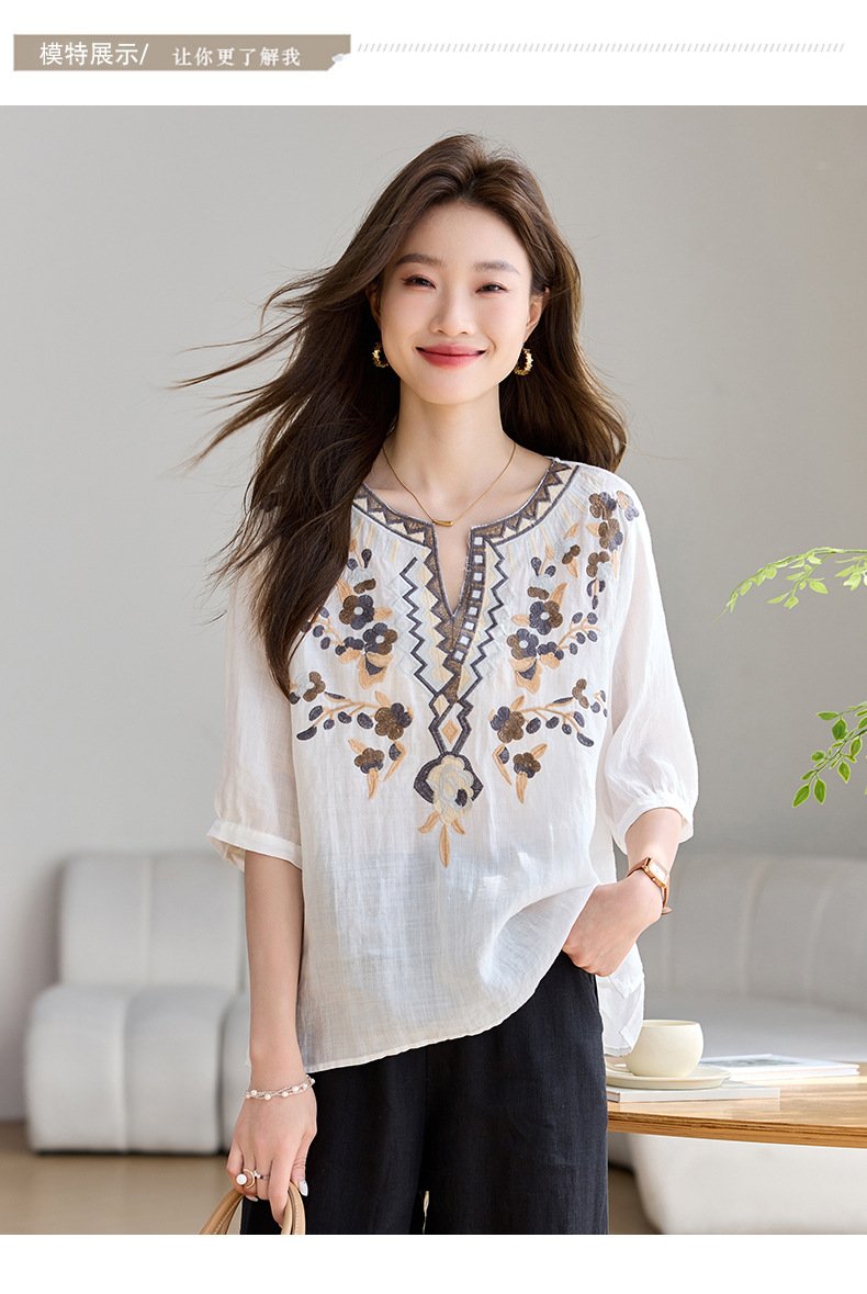 レディース シャツ トップス Tシャツ 半袖 ゆったり リネン 春夏 体型カバー 前開き Vネック 春 夏 膝丈 ママ 刺繍 切り替えデザイン プルオーバー