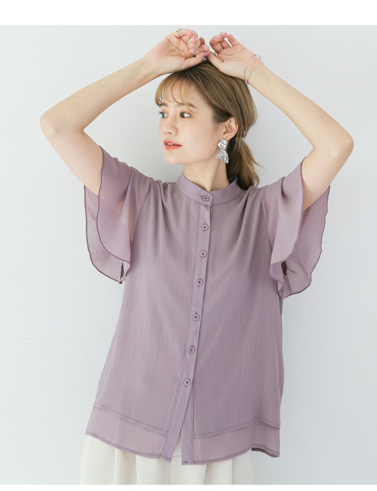 レディース ブラウス シャツ 半袖 無地 ゆったり 夏 きれいめ 通勤 春夏 前開き Vネック シンプル 上品 シフォン 切り替えデザイン シフォンブラウス ポリエステル 立ち襟