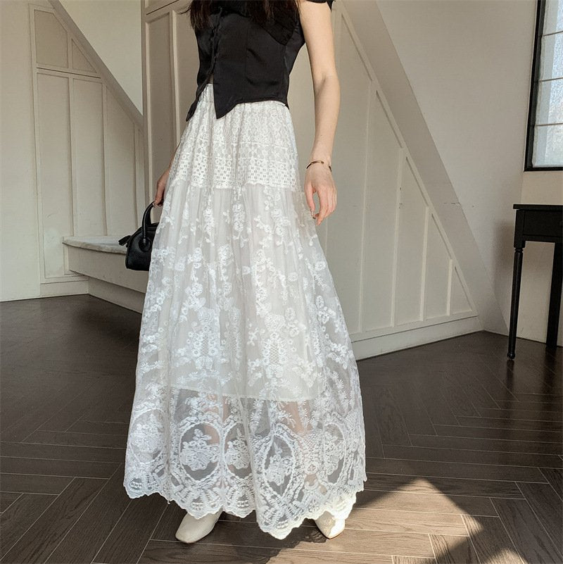 レディース スカート 無地 春夏 カジュアル 春 夏 レース 上品 ロング 切り替えデザイン ハーフ ハイウエスト ストレッチ ロングスカート