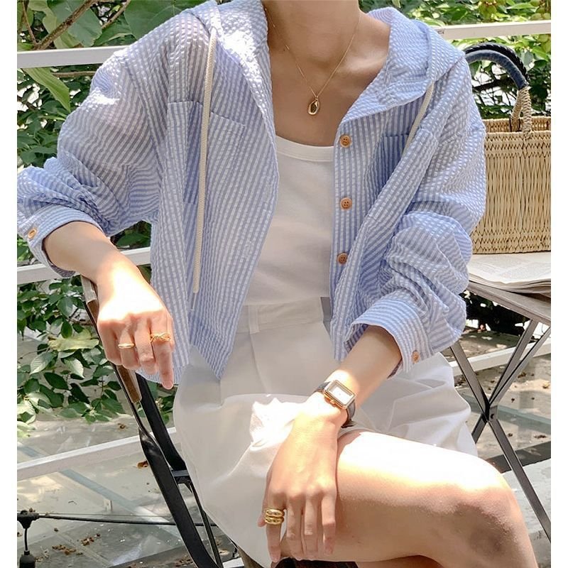 シャツ 長袖 ボーダー ストライプ 無地 春夏 カジュアル 前開き 春 ショート 夏 シンプル 切り替えデザイン フード ボタン ポリエステル