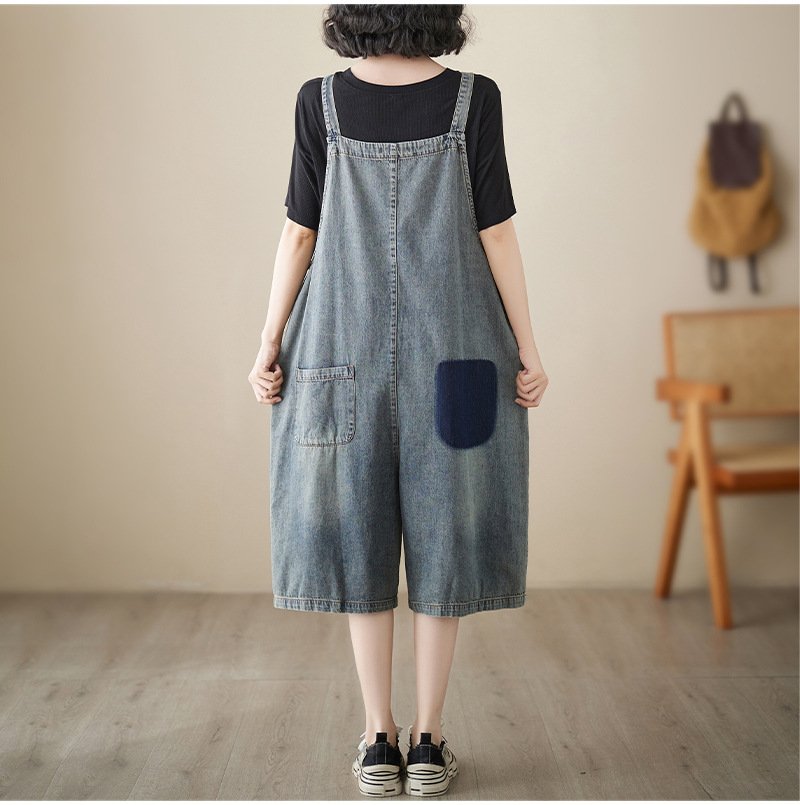 レディース パンツ ゆったり スリム デニム 春夏 カジュアル 着回し 大きいサイズ 春 夏 シンプル おしゃれ ハーフ サロペット ハイウエスト ポリエステル