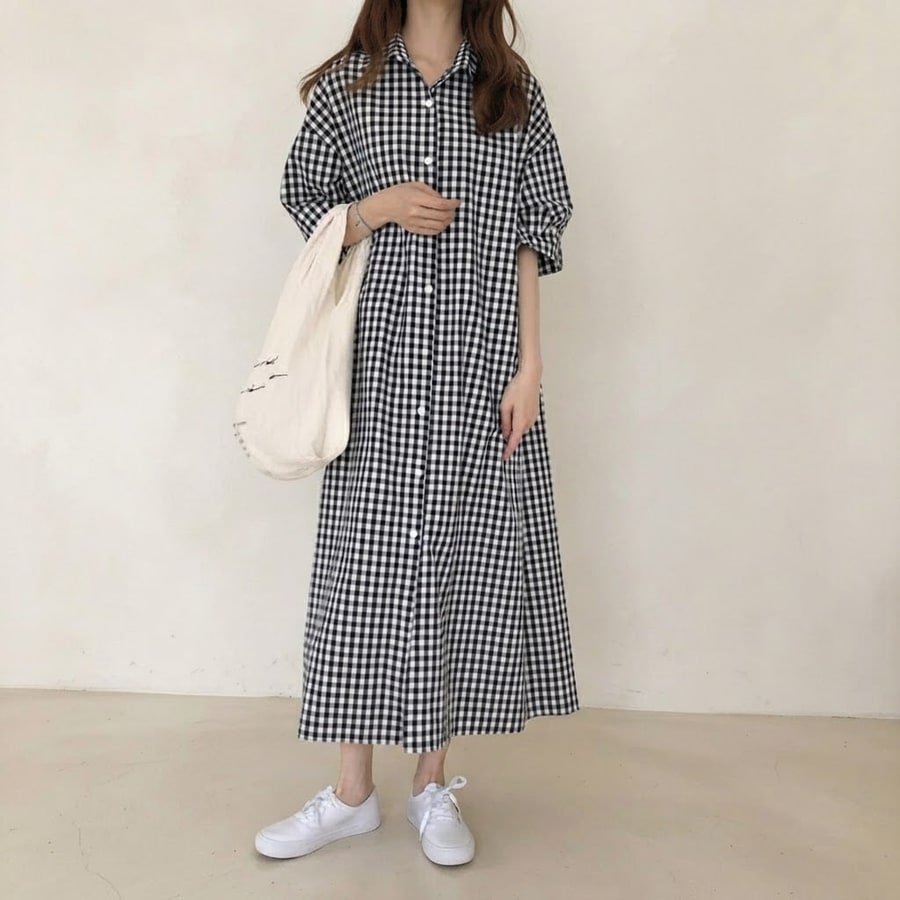 ワンピース 半袖 チェック柄 春夏 春 夏 膝下 ロング コットン アクリル
