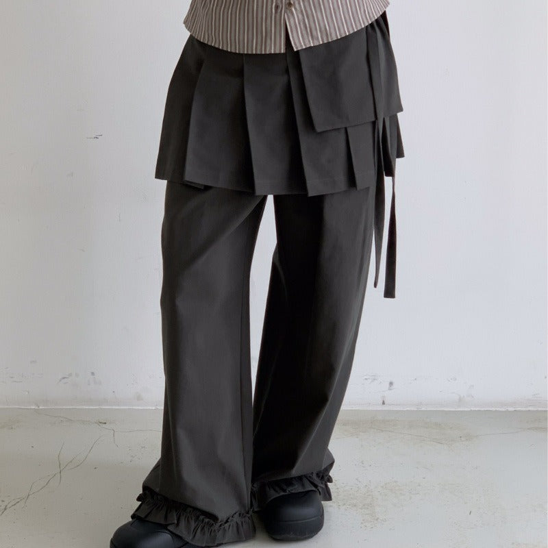 レディース スカート ワイドパンツ パンツ ボトムス ２点セット ワイド Aライン プリーツ フリル リボン ウエストリボン かわいい 大人可愛い おしゃれ ガーリー 主役級 存在感 抜け感 キュート ロマンティック ナチュラル デート お出かけ イベント 女子会 休日 ショッピング カフェ モノトーン 重ね着 体型カバー 美脚 脚長 普段使い 着回し レイヤード トレンド 流行 インスタ映え スタイルアップ スタイリッシュ ゆったり ゆる フリーサイズ ワンサイズ ダークグレー ブラック
