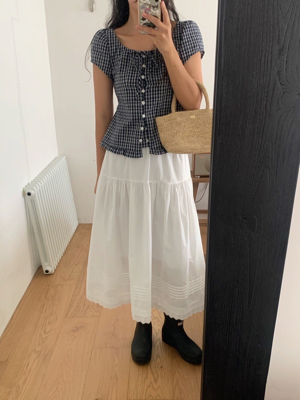 シャツ 半袖 チェック柄 春夏 前開き 春 夏 ラウンドネック フリル