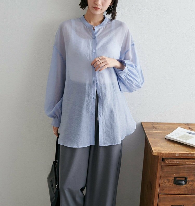 シャツ 長袖 春夏 きれいめ 前開き Vネック 春 夏 上品 薄手 タイ シアー アウター ポリエステル 柔らかい