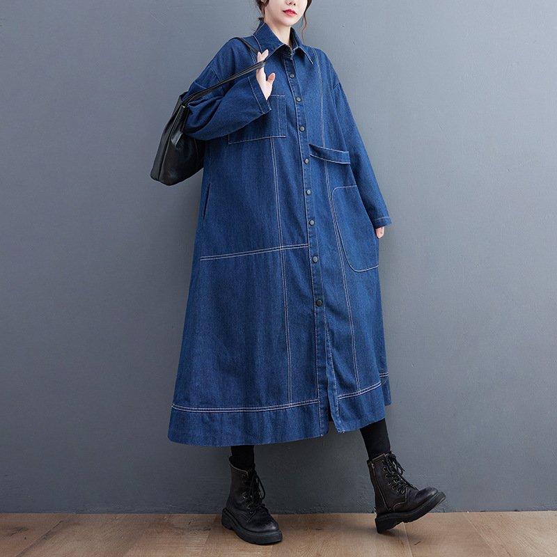 ジャケット 長袖 無地 ゆったり デニム 秋 体型カバー シンプル 上品 ロング バイカラー 着痩せ
