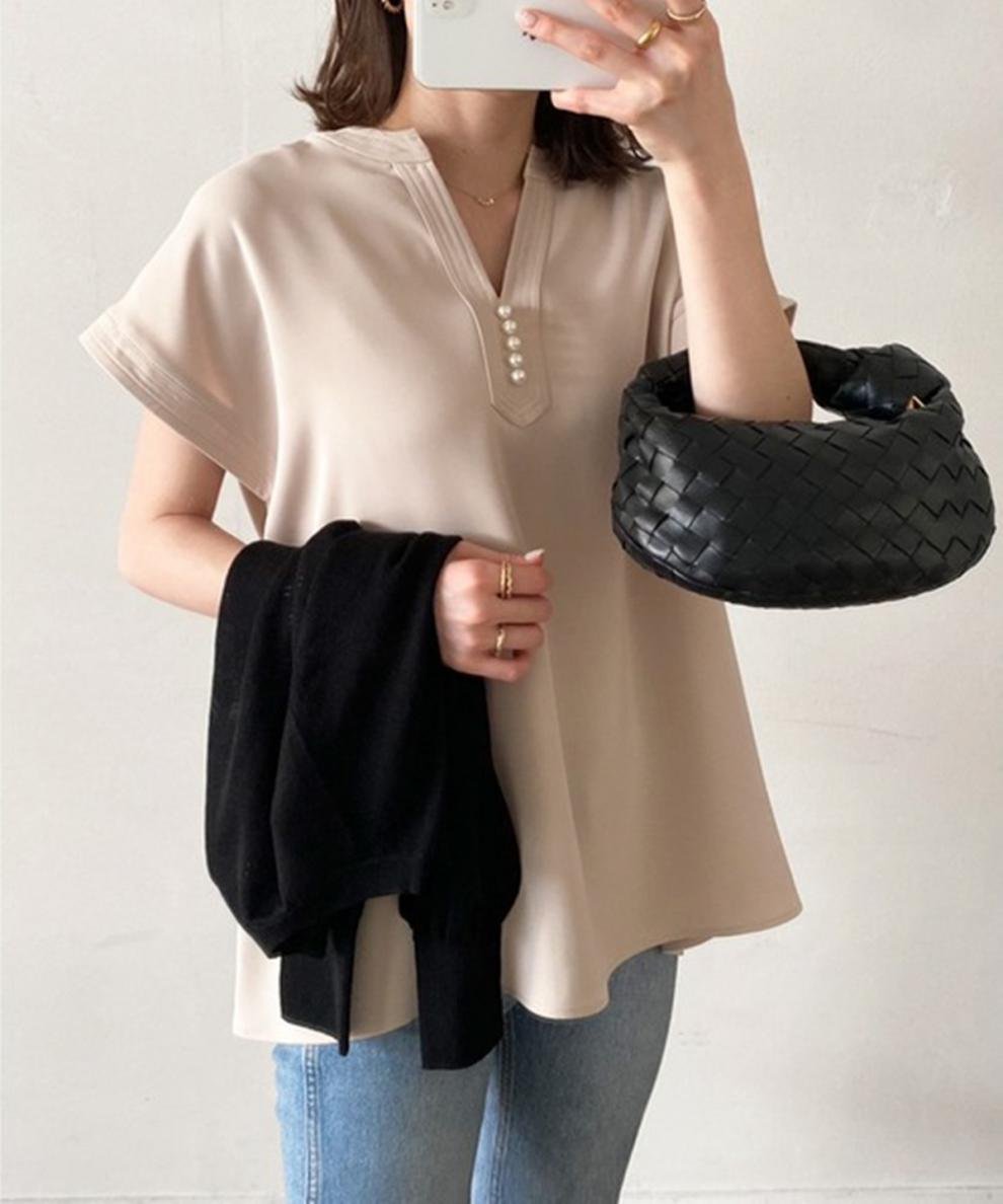 レディース シャツ Tシャツ 半袖 無地 ゆったり 夏 きれいめ 通勤 体型カバー 春夏 前開き Vネック シンプル 上品 サテン