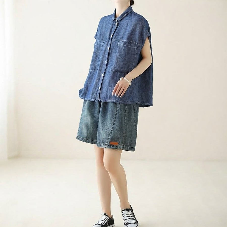 レディース シャツ ノースリーブ ゆったり デニム 夏 カジュアル 体型カバー 春夏 前開き 袖なし 切り替えデザイン 襟付き レギュラー ポリエステル