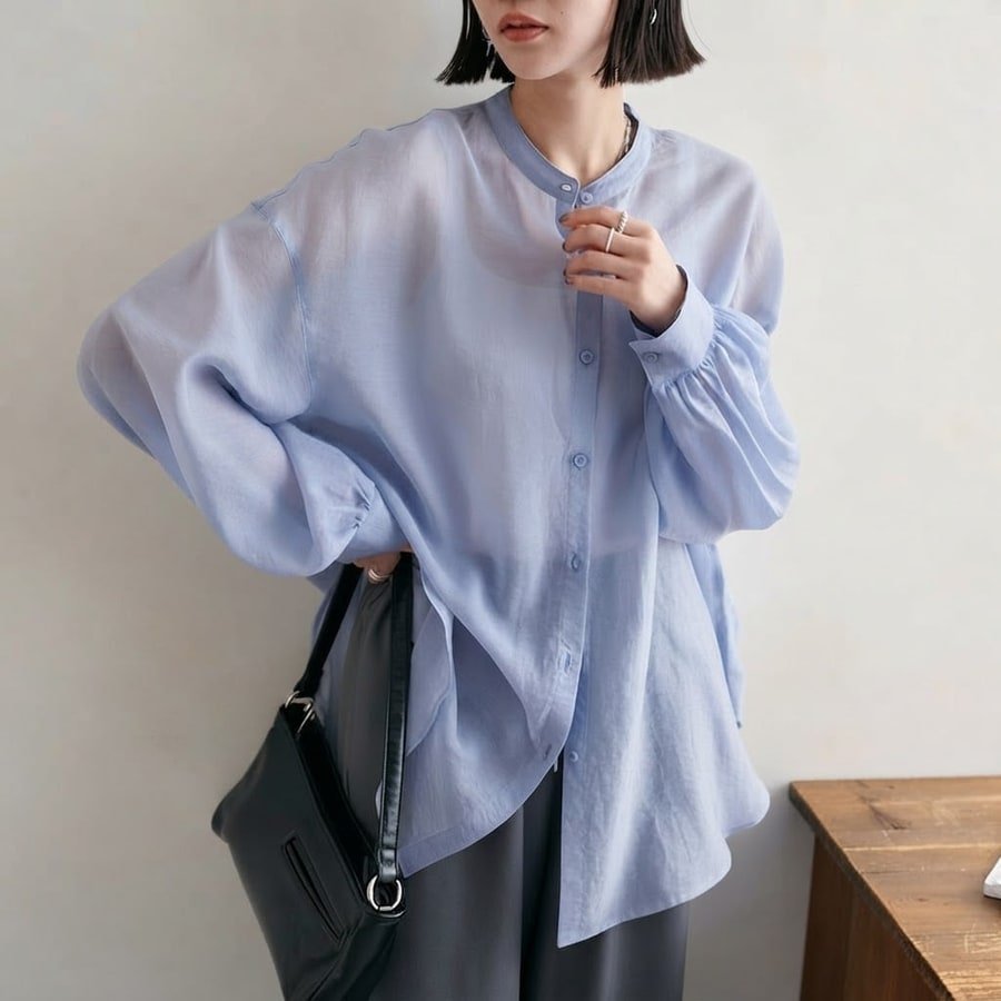 シャツ 長袖 春夏 きれいめ 前開き Vネック 春 夏 上品 薄手 タイ シアー アウター ポリエステル 柔らかい