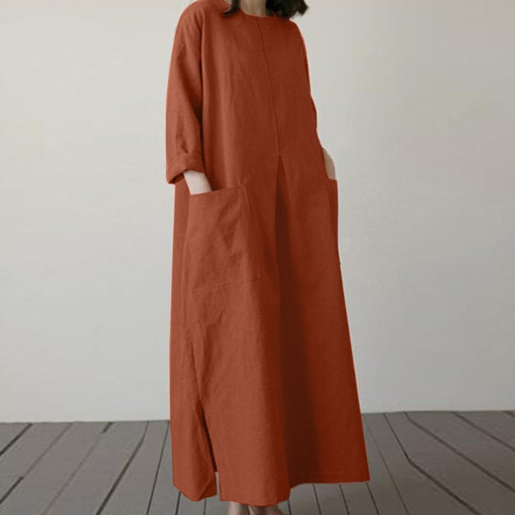 ワンピース 長袖 無地 春 カジュアル きれいめ 通勤 春夏 ラウンドネック シンプル 上品 切り替えデザイン