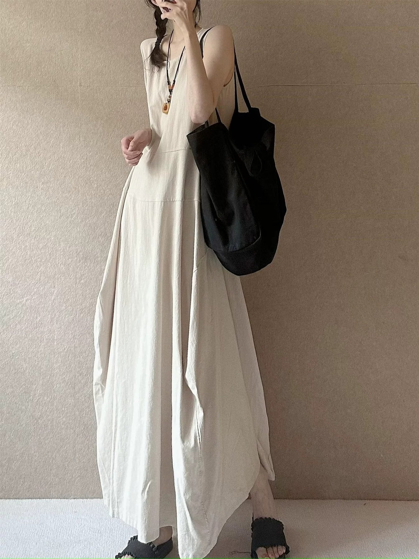 ワンピース ドレス ノースリーブ 無地 春夏 カジュアル 袖なし 春 夏 ラウンドネック シンプル リゾート ロング フレア Aライン ハイウエスト