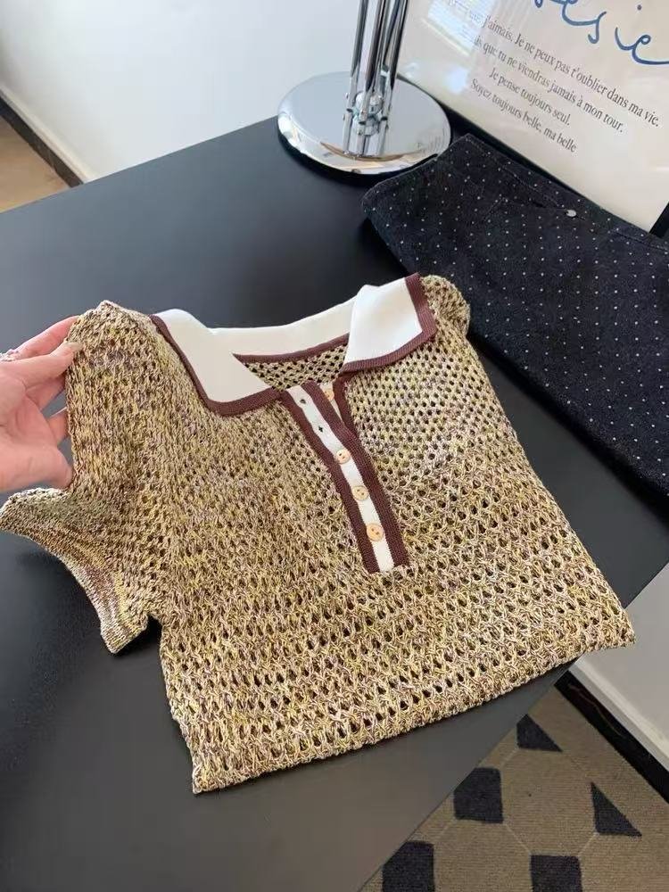 レディース Tシャツ ニット 半袖 ゆったり 春夏 きれいめ 体型カバー 春 ショート 夏 上品 シャツ 薄手 切り替えデザイン 襟付き レギュラー ポリエステル