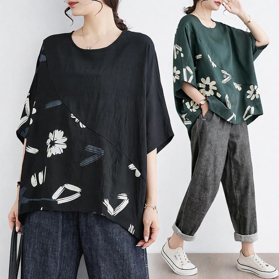 レディース Tシャツ 半袖 プリント ゆったり コットン 綿 春夏 カジュアル きれいめ 通勤 体型カバー 大きいサイズ 春 夏 ラウンドネック シャツ プルオーバー