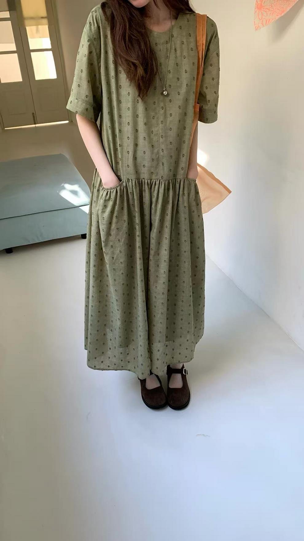 ワンピース 半袖 春夏 カジュアル きれいめ レトロ 体型カバー 通勤 春 夏 ラウンドネック ドット ロング Aライン