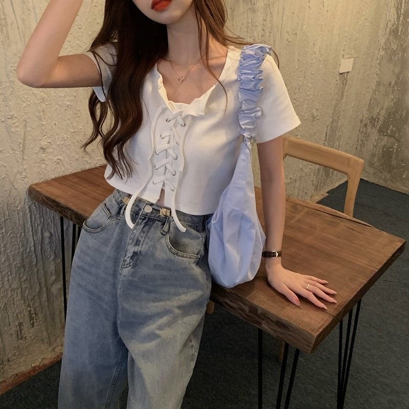 レディース トップス Tシャツ 半袖 オーバーサイズ スリム 春夏 きれいめ レトロ Vネック 春 夏 スクエアネック 上品 シャツ ハイウエスト
