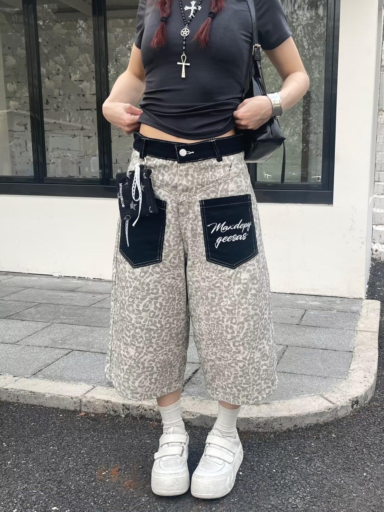 レディース パンツ ワイド コットン 綿 デニム 春夏 カジュアル アメリカン レトロ 春 ショート 夏 男女兼用 ショートパンツ 7分丈 ヒョウ柄 ポケット ハイウエスト ストリート ストレッチ