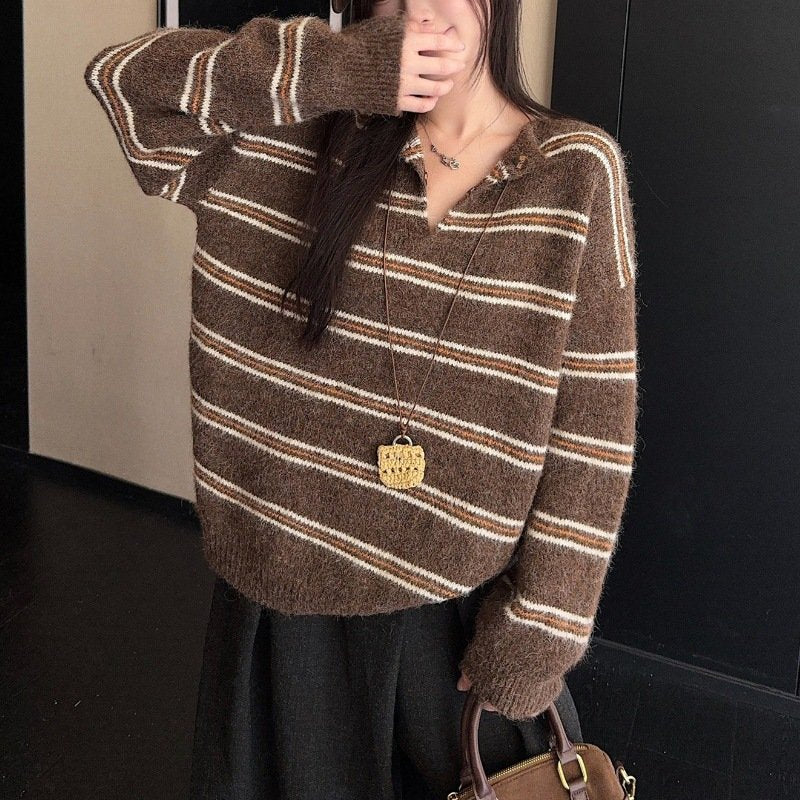 レディース ニット 長袖 ボーダー ストライプ チェック柄 ゆったり 秋冬 秋 ミニ 膝丈 冬 セーター ゆる プルオーバー 襟付き バイカラー フェミニン タイ ポリエステル