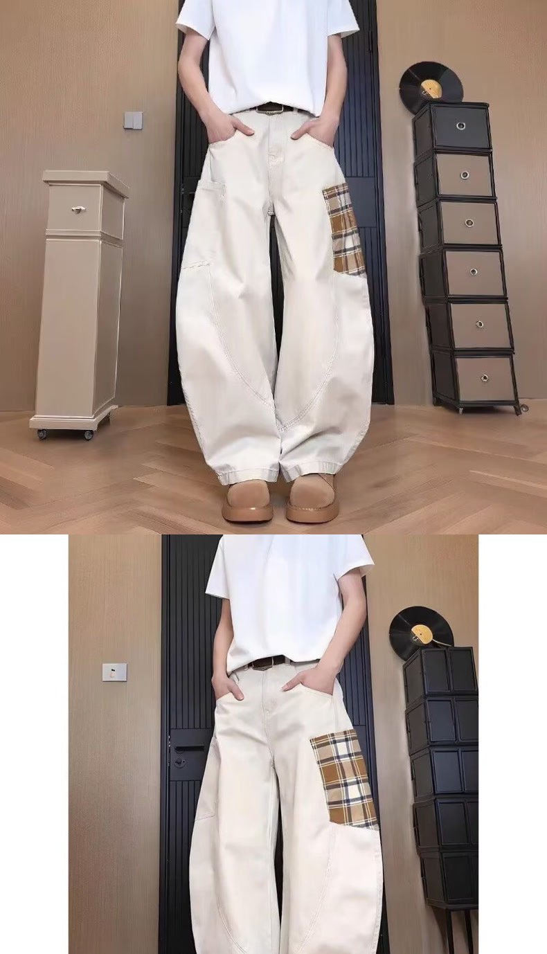 パンツ ボーダー ストライプ チェック柄 ゆったり ワイド コットン 綿 デニム 秋冬 秋 カジュアル アメリカン 冬 ロング デニムパンツ ポケット