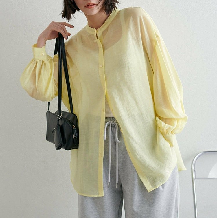 シャツ 長袖 春夏 きれいめ 前開き Vネック 春 夏 上品 薄手 タイ シアー アウター ポリエステル 柔らかい