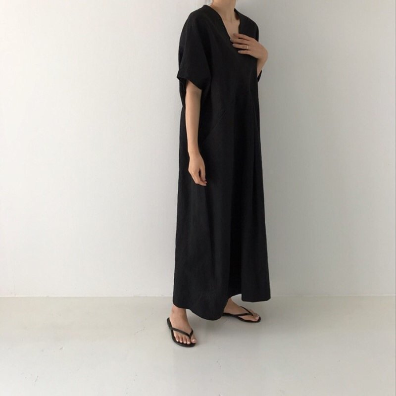 ドレス 半袖 無地 春夏 Vネック 春 夏 シンプル ロング 大きい