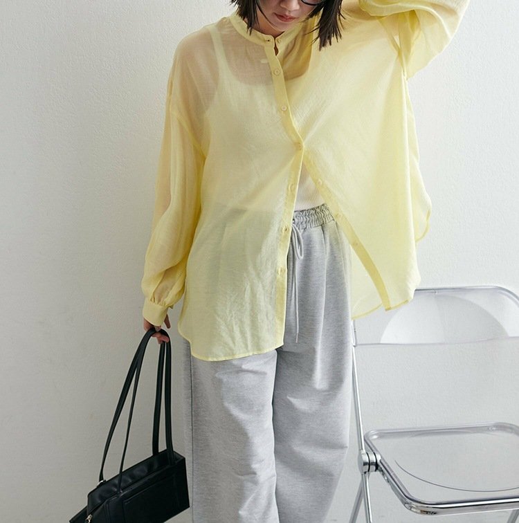 シャツ 長袖 春夏 きれいめ 前開き Vネック 春 夏 上品 薄手 タイ シアー アウター ポリエステル 柔らかい
