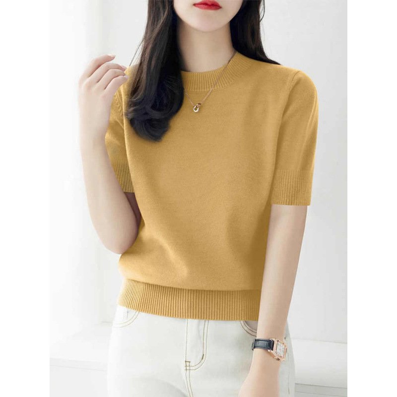 レディース トップス Tシャツ ニット 半袖 長袖 無地 ゆったり 春夏 きれいめ 通勤 オフィス 体型カバー おしゃれ 春 夏 ラウンドネック シンプル シャツ プルオーバー ブルー ストレッチ インナー レギュラー