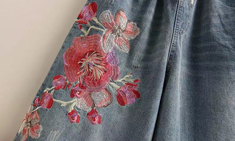 レディース パンツ 花柄 ワイド デニム 夏 レトロ 刺繍 上品 ワイドパンツ