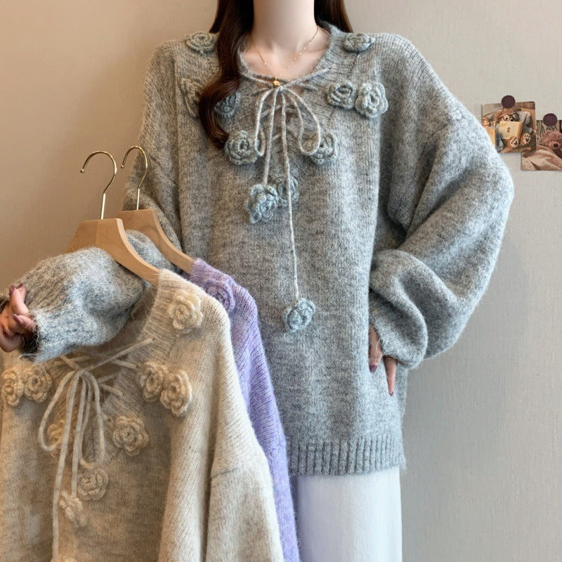 レディース トップス セーター ニット フラワー フラワーモチーフ フラワーモチーフ付き 編み上げ リボン プルオーバー ざっくり編み ゆったりシルエット 長袖 ドロップショルダー 萌袖 ワイド フェミニン かわいい 大人可愛い シンプル カジュアル おしゃれ こなれ感 ラフ ガーリー 主役級 存在感 抜け感 キュート ロマンティック ナチュラル 無地 秋 冬 デート お出かけ イベント 女子会 休日 ショッピング カフェ お家時間 重ね着 普段使い 着回し レイヤード ゆったり フリーサイズ ワンサイズ