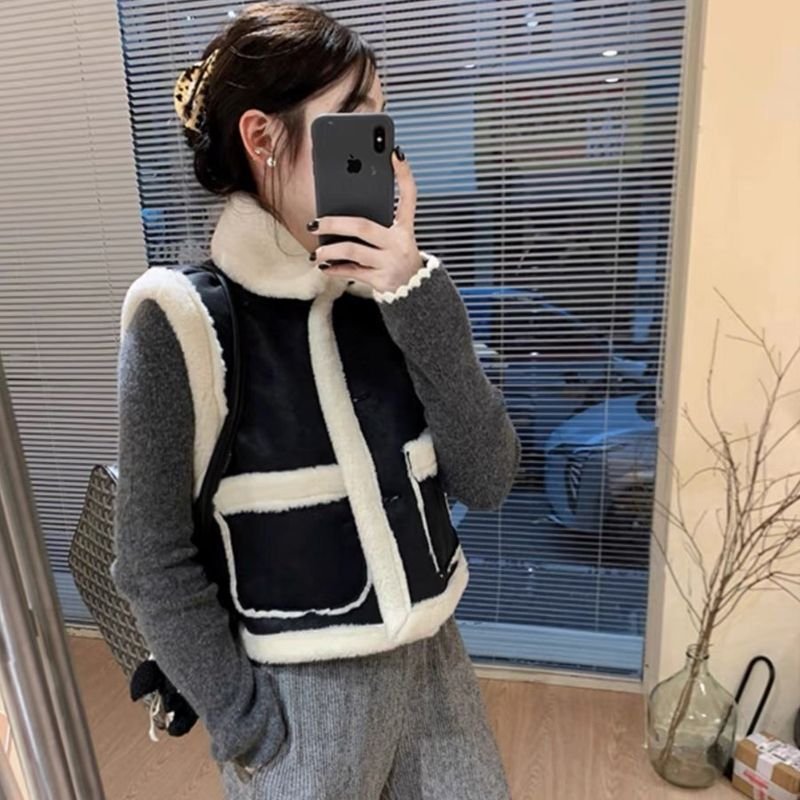 レディース ベスト コート ノースリーブ 無地 ゆったり 秋冬 秋 きれいめ 袖なし ショート 膝丈 シンプル 冬 黒 上品 ファー ウール アウター ポリエステル