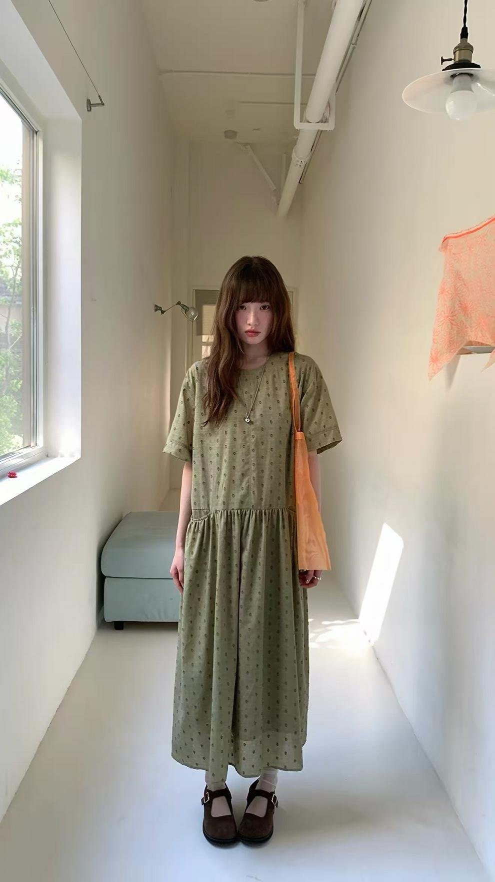 ワンピース 半袖 春夏 カジュアル きれいめ レトロ 体型カバー 通勤 春 夏 ラウンドネック ドット ロング Aライン