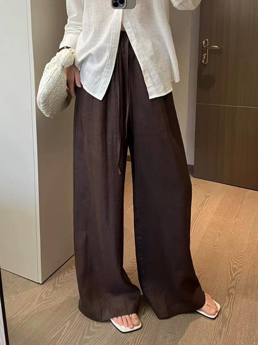 パンツ ゆったり ワイド リネン 春夏 カジュアル きれいめ 春 夏 スリム 上品 ブラウン ワイドパンツ 薄手 ポリエステル