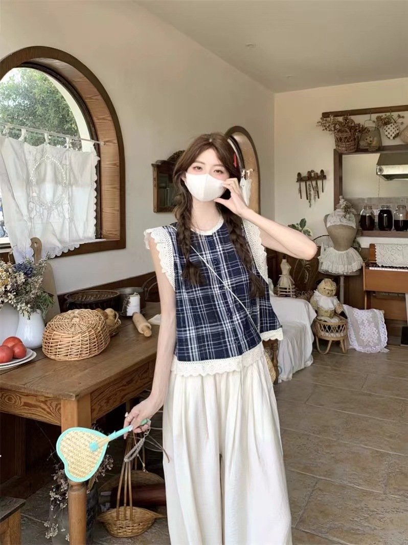 レディース ブラウス シャツ トップス ノースリーブ チェック柄 ゆったり 春夏 レトロ 前開き 袖なし 春 夏 膝丈 ラウンドネック レース 切り替えデザイン ベスト