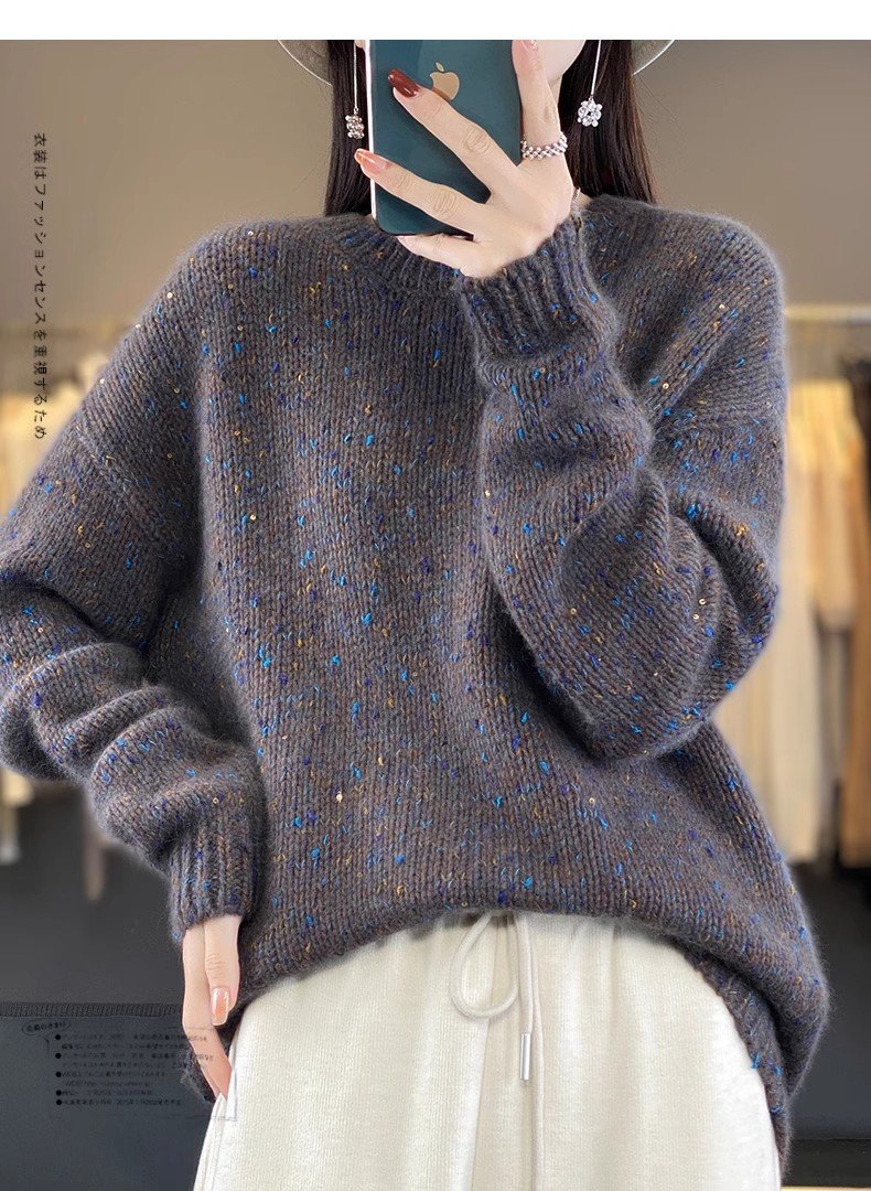 レディース トップス ニット 長袖 ゆったり 秋冬 秋 きれいめ 通勤 体型カバー 大きいサイズ 膝丈 ラウンドネック 冬 ウール セーター プルオーバー スパンコール インナー ポリエステル