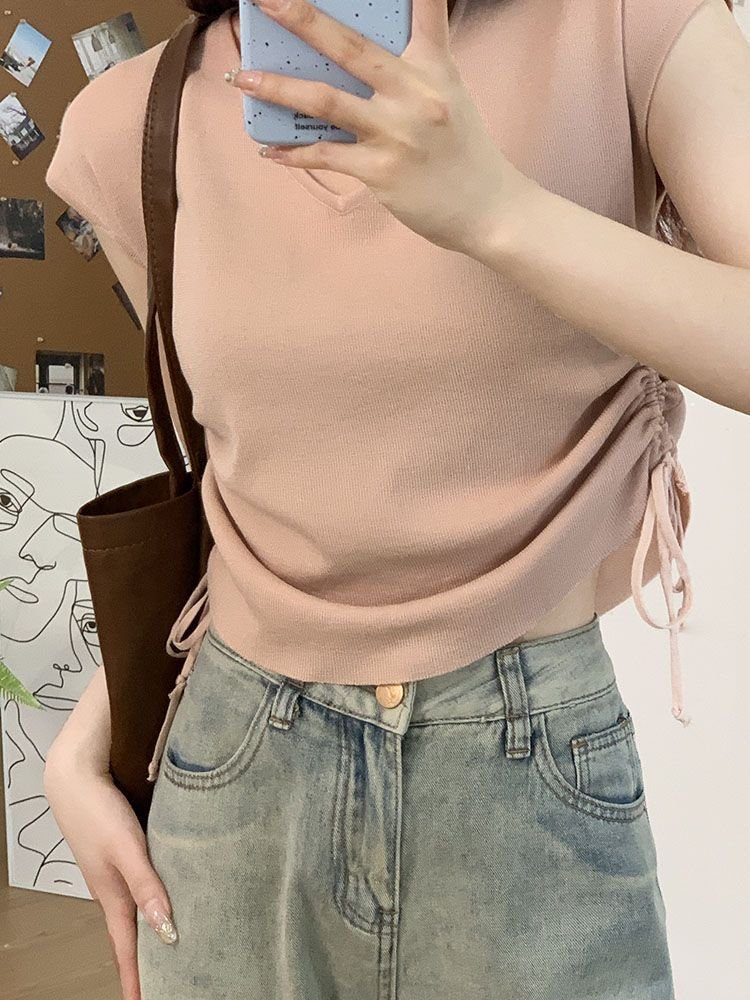 レディース トップス Tシャツ ニット 半袖 ボーダー ストライプ 春夏 カジュアル Vネック 春 ショート 夏 タイト 細身 シャツ プルオーバー 個性的 タイ ポリエステル 着痩せ
