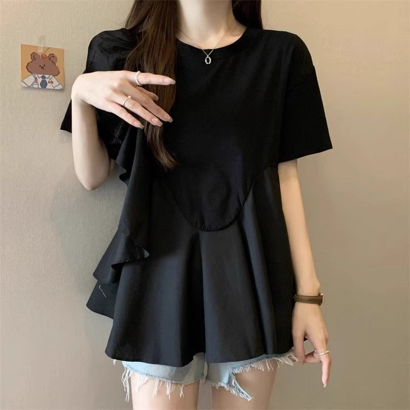 トップス カットソー 半袖 ラウンドネック フリル プルオーバー ミディアム丈 異素材ミックス かわいい 可愛い 大人可愛い きれいめ シンプル レトロ おしゃれ かっこいい カジュアル こなれ感 個性的 魅力的 主役級 存在感 抜け感 春 夏 ベーシック ナチュラル エレガント フェミニン 無地 女性用 レディース ママ OL 通勤 オフィス 学生 通学 デート お出かけ ランチ 旅行 休日 カフェ ショッピング コンパ 普段使い デイリー 着回し 重ね着 脚長 S M L XL 2XL 3XL モテ