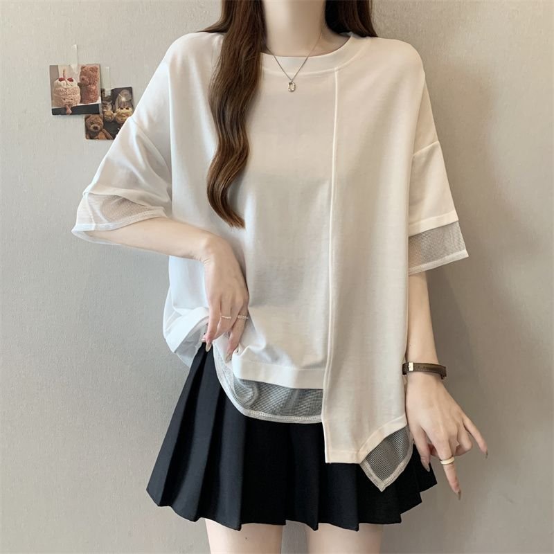 レディース Tシャツ 半袖 ゆったり 春夏 カジュアル 春 夏 ラウンドネック シャツ 切り替えデザイン ステッチ レギュラー