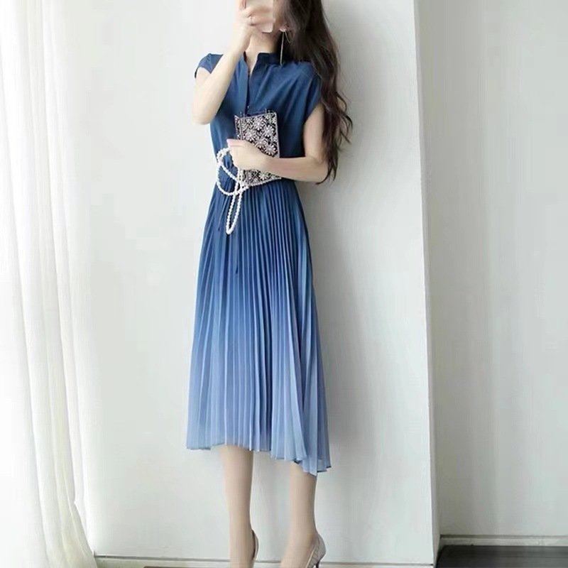 レディース スカート 半袖 無地 夏 きれいめ 通勤 プリーツ シンプル ロング スタンドカラー ロングスカート ポリエステル 夏服