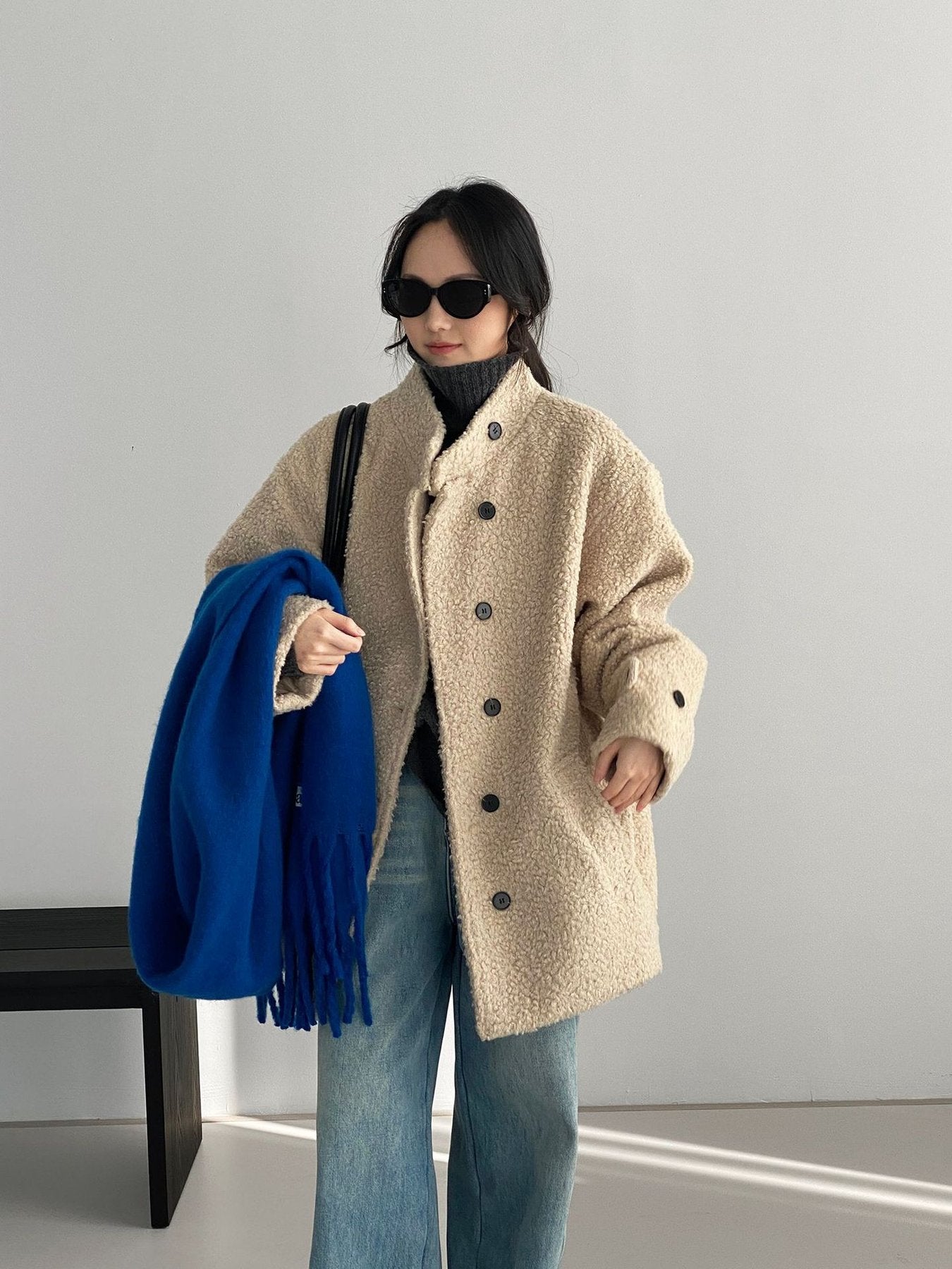 レディース コート ジャケット 長袖 無地 ゆったり 秋冬 秋 カジュアル 体型カバー 膝丈 シンプル 冬 ハイネック ウール 厚手 スタンドカラー タイ アウター ボタン ポリエステル 立ち襟