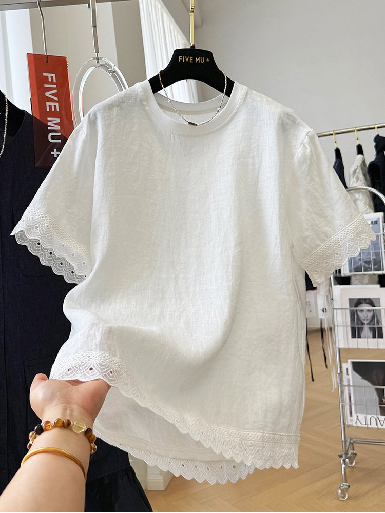 レディース トップス Tシャツ 半袖 プリント ゆったり リネン 春夏 カジュアル きれいめ 春 夏 膝丈 ラウンドネック レース 上品 シャツ 薄手