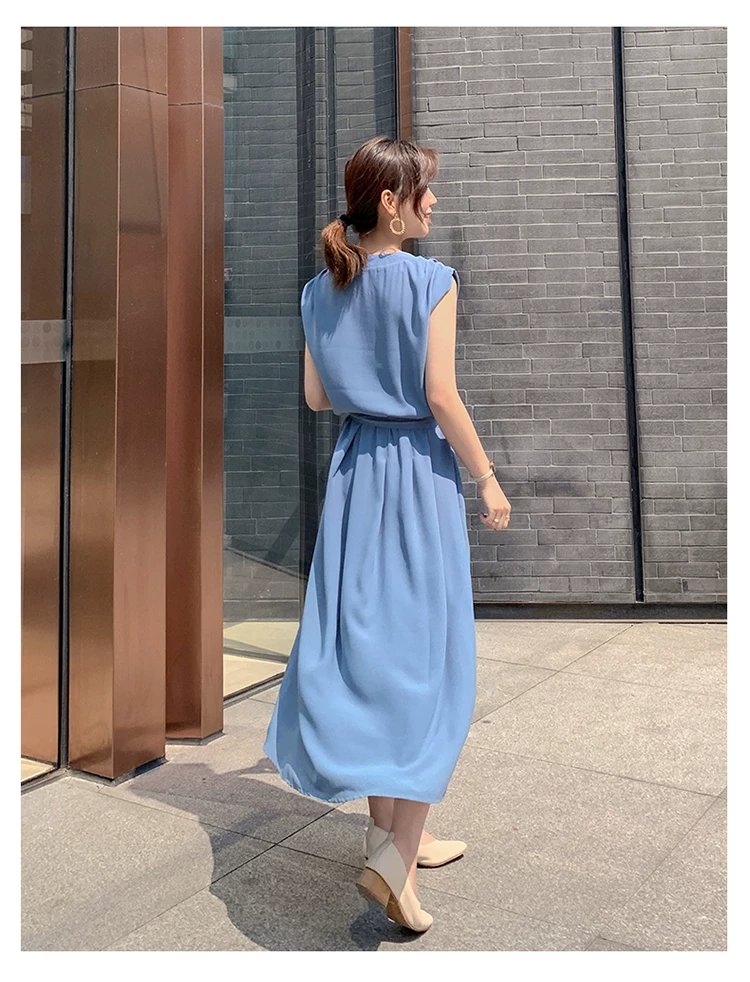 ワンピース ノースリーブ 無地 夏 きれいめ 通勤 春夏 袖なし Vネック シンプル ロング 上品 ウエストマーク
