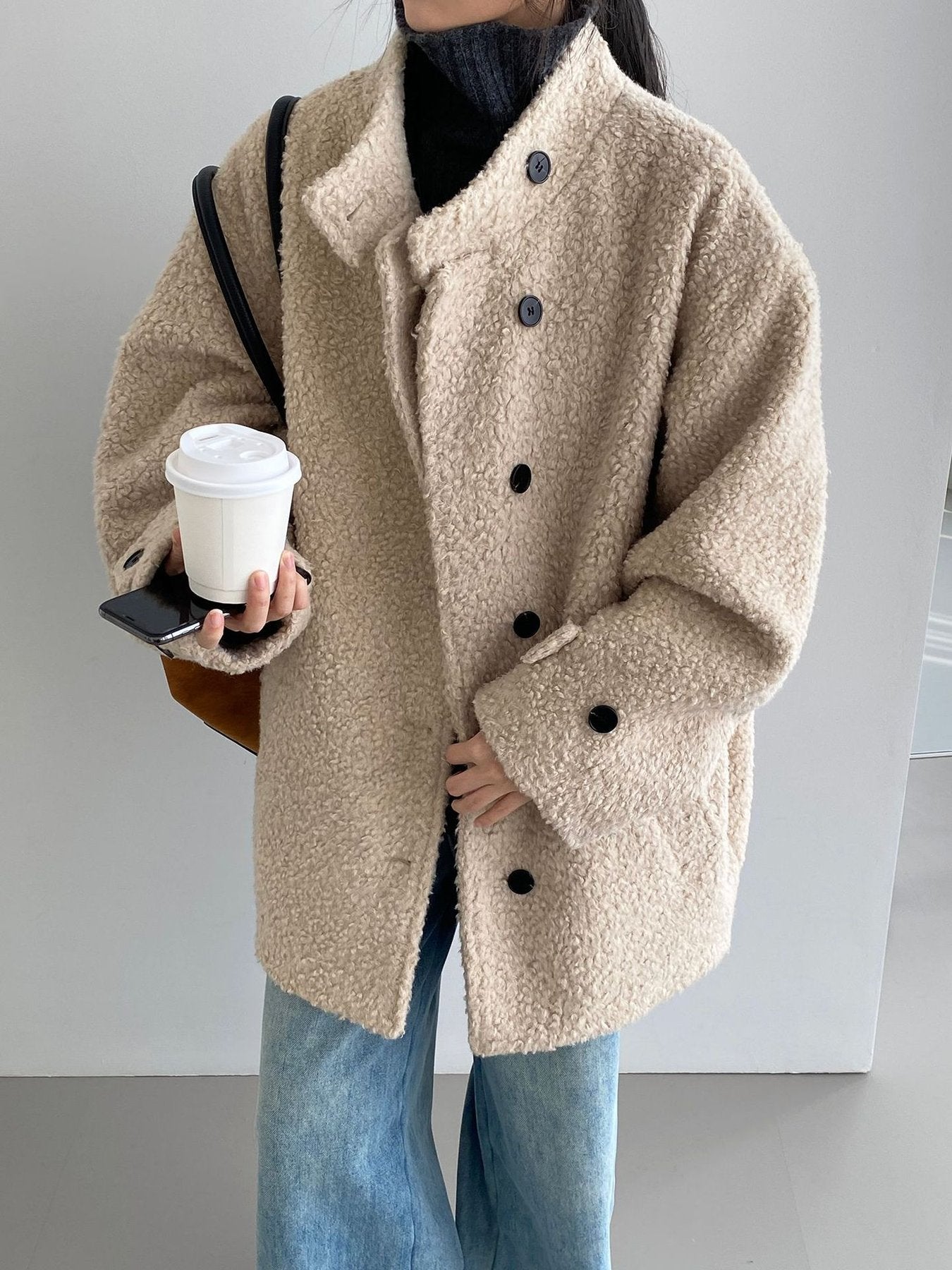 レディース コート ジャケット 長袖 無地 ゆったり 秋冬 秋 カジュアル 体型カバー 膝丈 シンプル 冬 ハイネック ウール 厚手 スタンドカラー タイ アウター ボタン ポリエステル 立ち襟