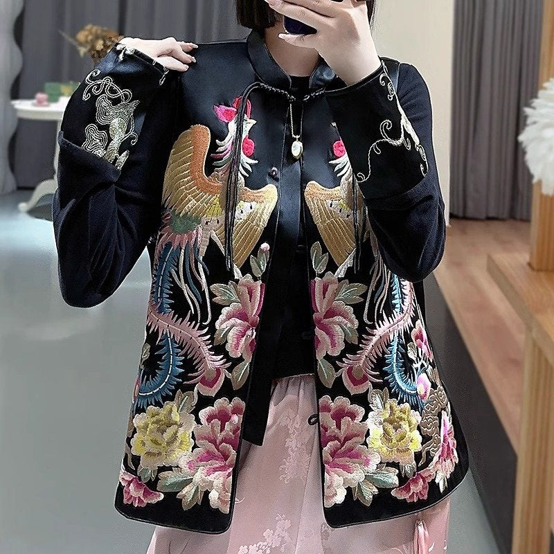 レディース ベスト コート ジャケット 春夏 春 夏 膝丈 秋 冬 刺繍 スタンドカラー ストレッチ 秋冬