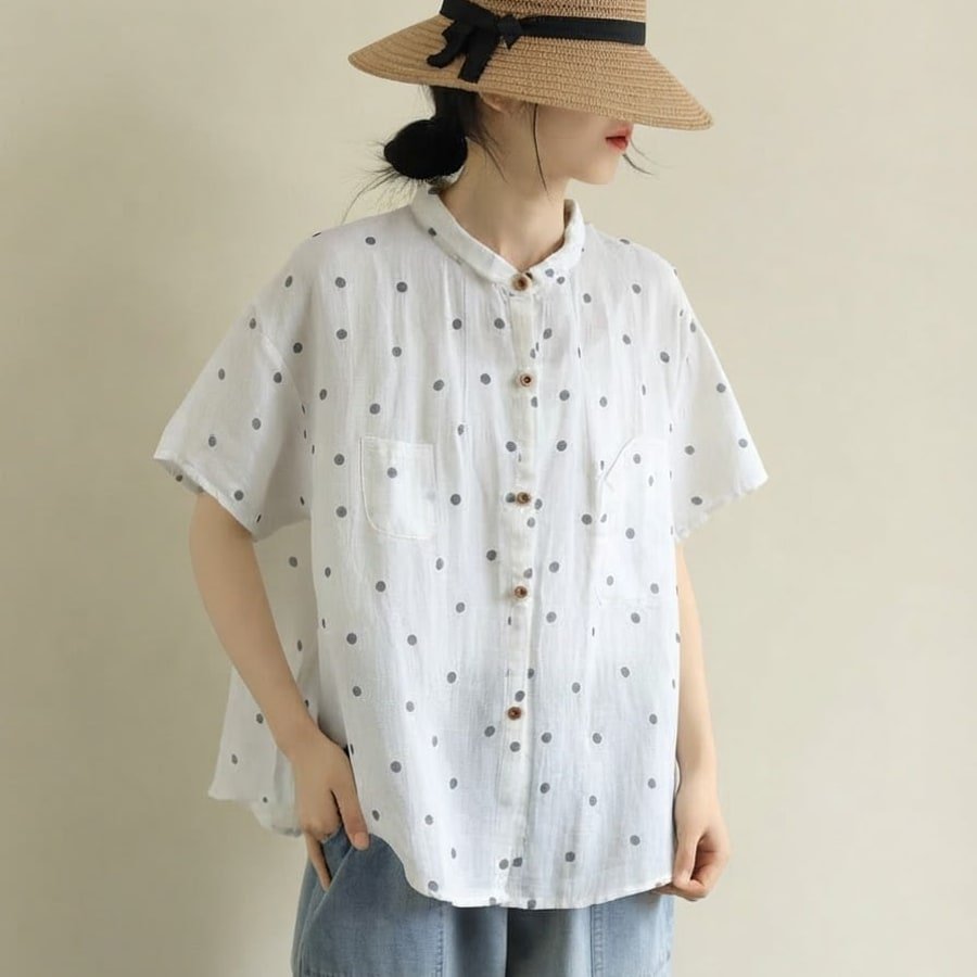 レディース シャツ トップス 半袖 ドット柄 ゆったり コットン 綿 リネン 春夏 体型カバー 大きいサイズ 前開き 春 夏 ボタン ポリエステル ドット