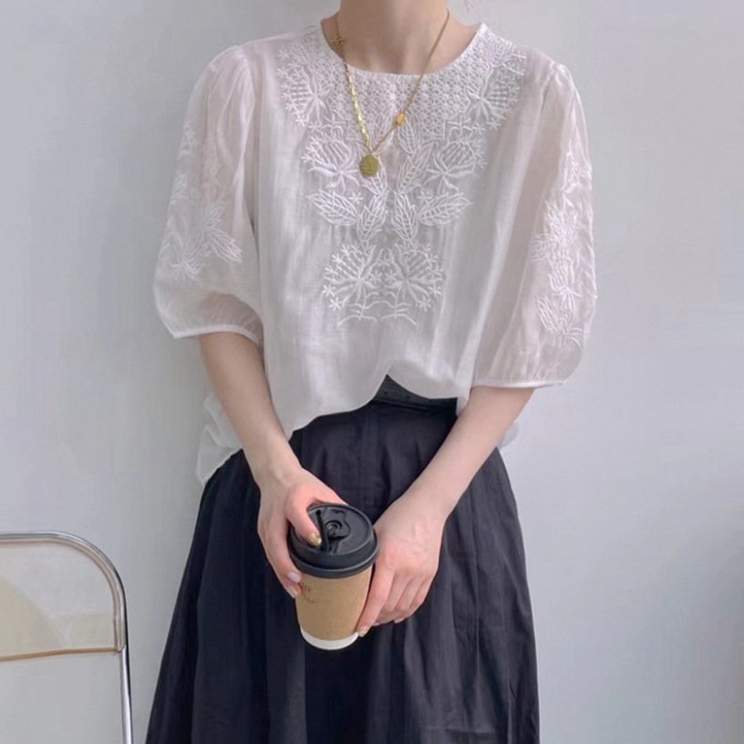レディース シャツ トップス 長袖 ゆったり 夏 きれいめ 通勤 春夏 前開き ラウンドネック 刺繍 上品 薄手 切り替えデザイン ポリエステル