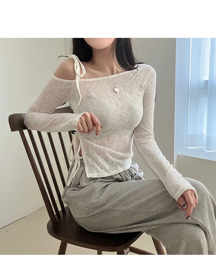 レディース ブラウス シャツ トップス 長袖 スリム 春夏 きれいめ 前開き 春 夏 ホワイト 膝丈 上品 グレー ダークグレー アシンメトリー オフショルダー エレガント Tシャツ モカ
