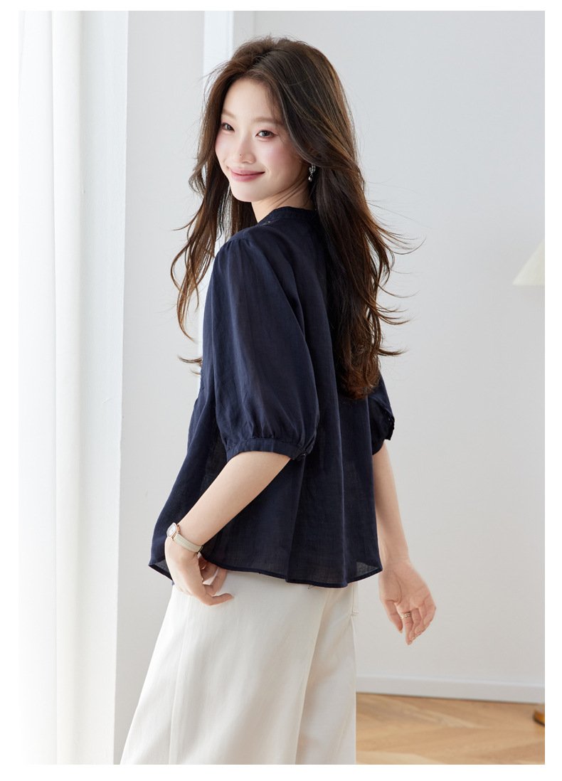 レディース シャツ ゆったり 麻 春夏 カジュアル きれいめ レトロ 体型カバー 前開き 春 夏 膝丈 ラウンドネック 刺繍 上品 薄手 ネイビー ボタン レディースシャツ