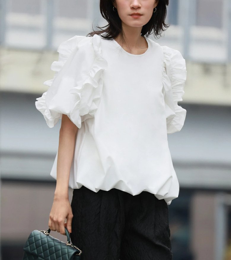 レディース ブラウス シャツ Tシャツ ボーダー ストライプ 無地 春夏 きれいめ 通勤 オフィス 前開き 春 夏 ラウンドネック シンプル シフォン フリル パフスリーブ プルオーバー シフォンブラウス