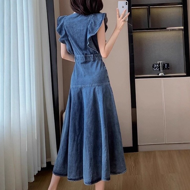 ワンピース ドレス デニム 春 秋 体型カバー 春夏 ラウンドネック 膝下 冬 ロング 上品 フレンチスリーブ ハイウエスト